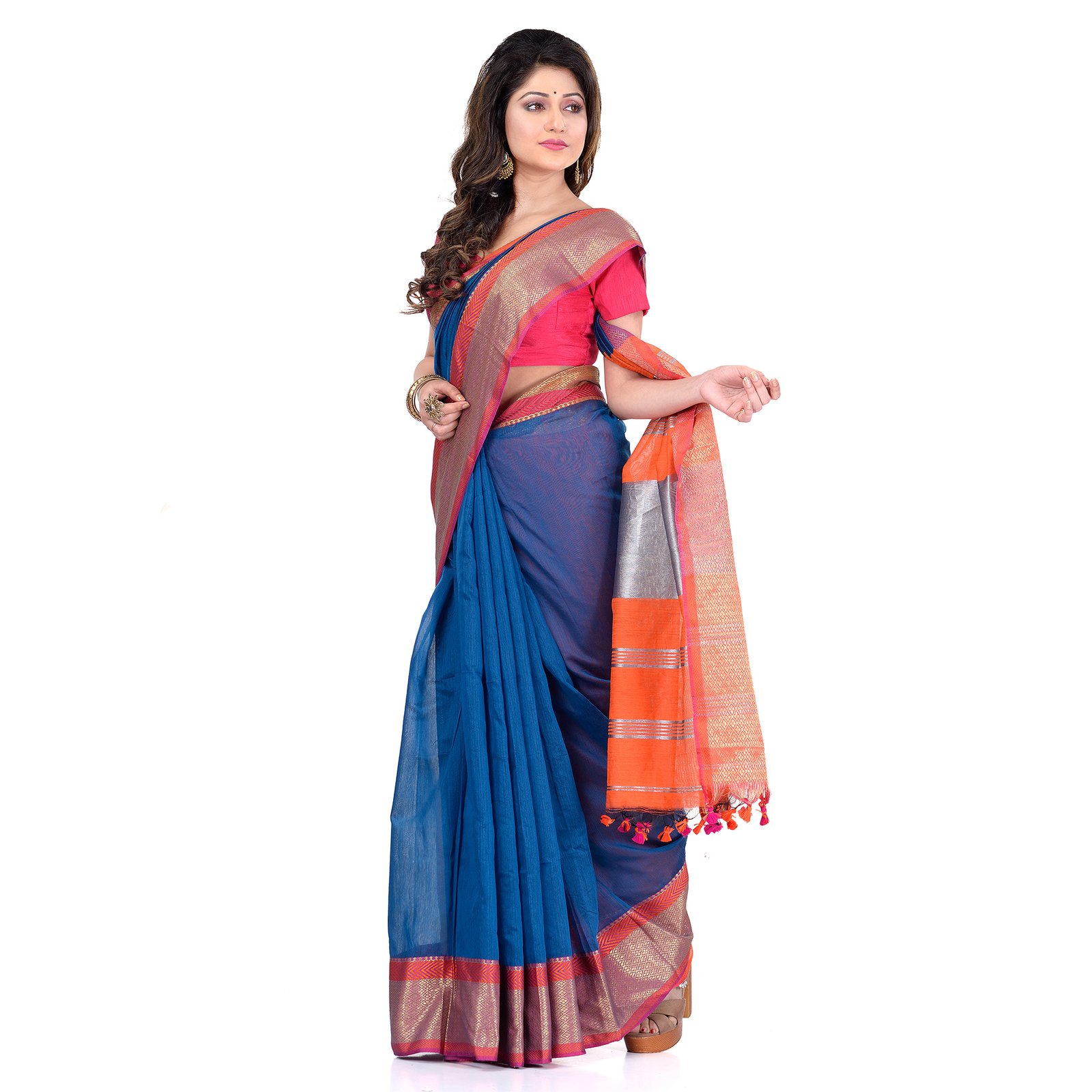 DESH BIDESH Women`s Handloom Cotton Silk Saree Jacquard Maheswari Design Zari Work With Blouse Piece(Blue Orange)